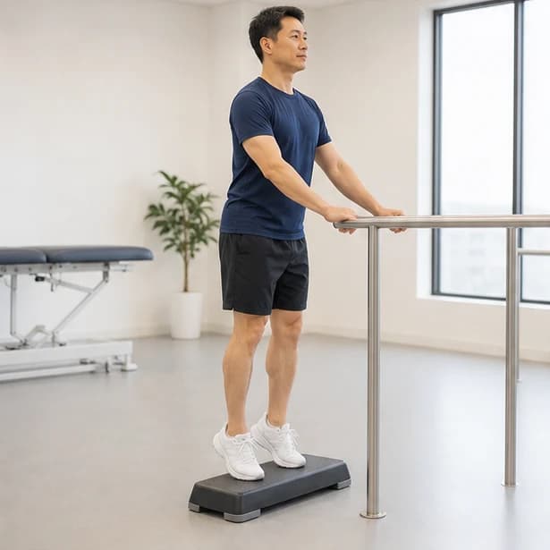 手扶欄杆做雙腳提踵等長維持，腳跟不下沉