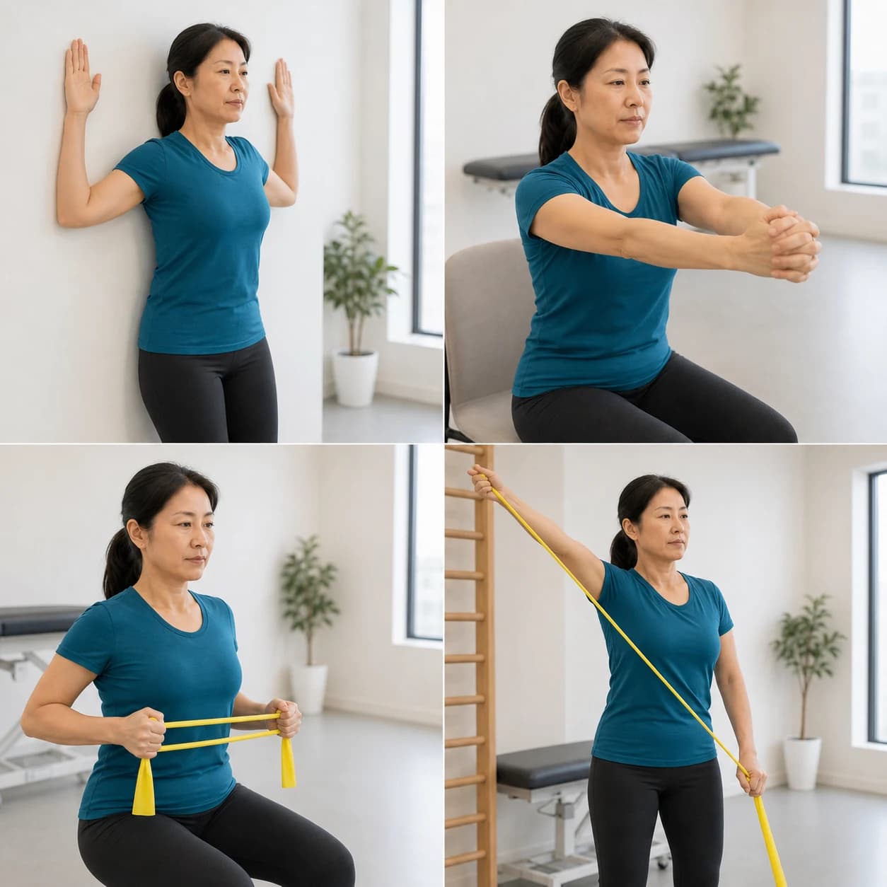 乳癌手術後的牆面滑手、雙手輔助抬臂、彈力帶划船與對角線阻力動作圖解