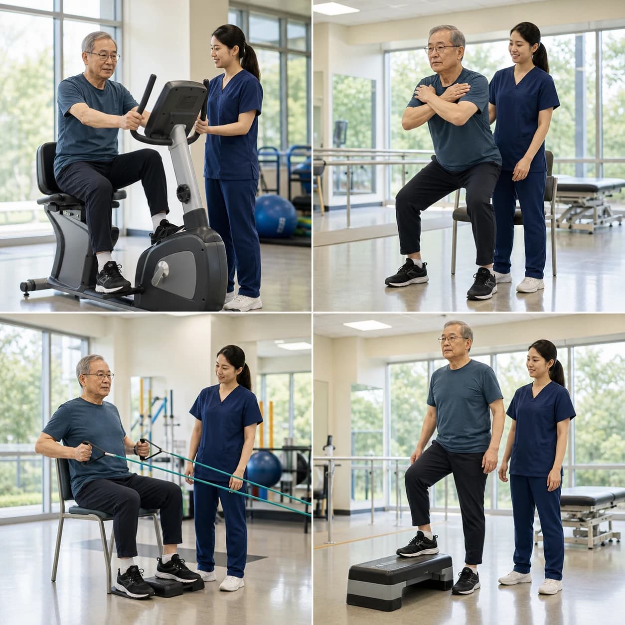 COPD 肺復健的腳踏車、坐站、彈力帶划船與低台階四格示意