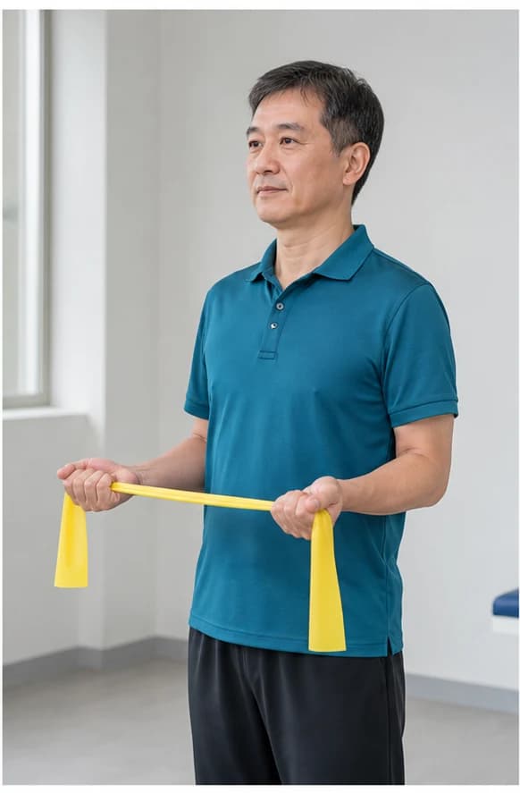站姿雙肘彎曲九十度並貼近身體，雙手握彈力帶