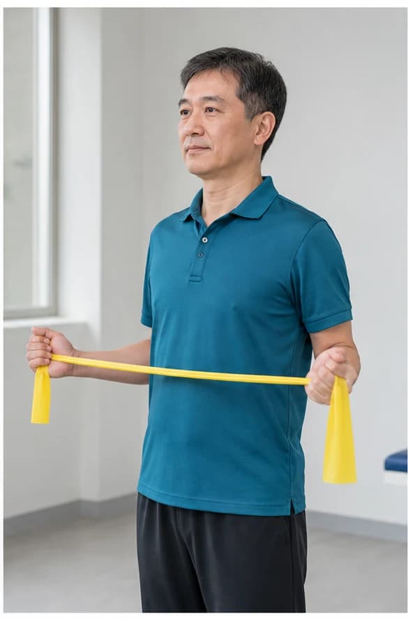 雙手向外拉開彈力帶進行肩關節外旋