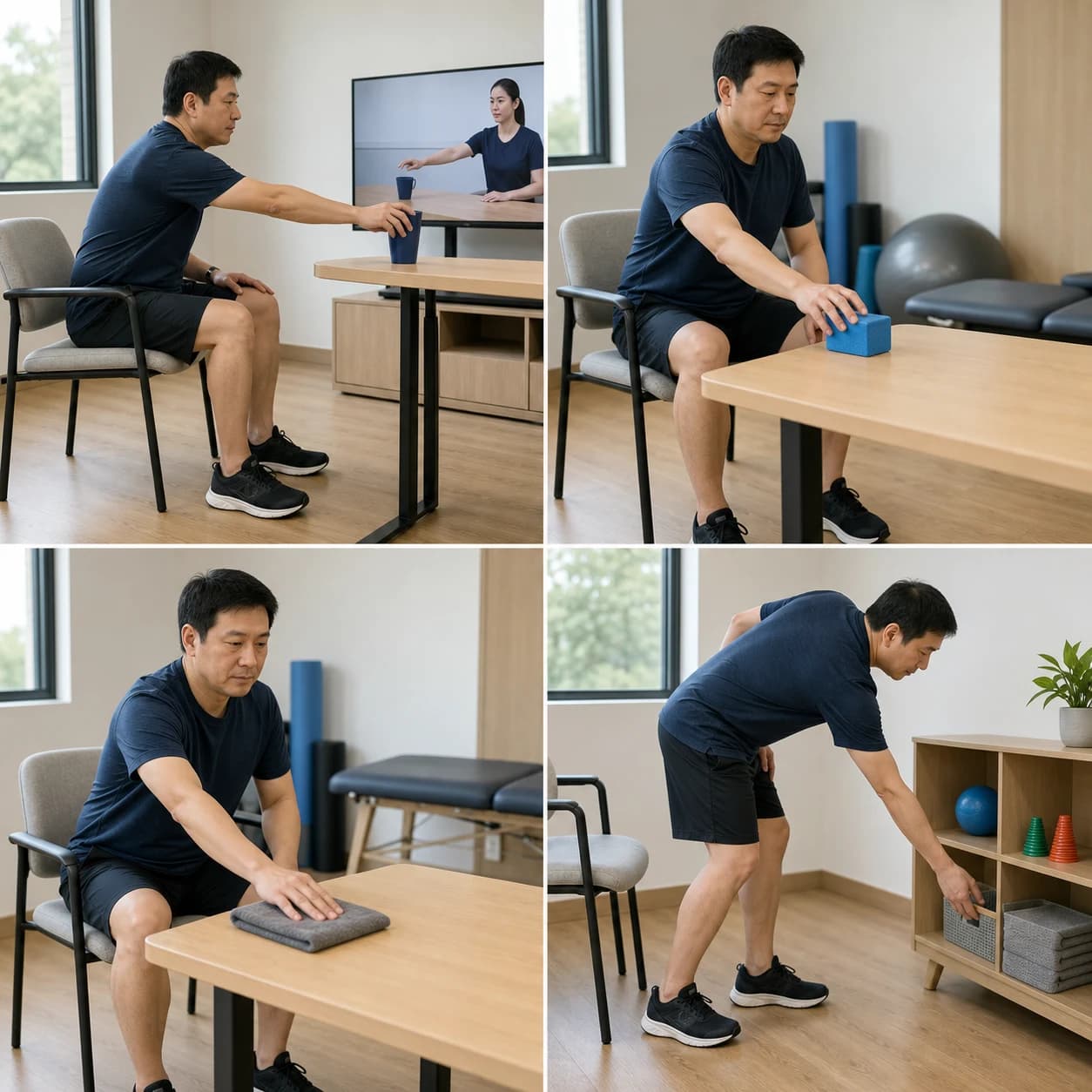 腦中風後的伸手拿杯、抓泡棉塊、桌面毛巾滑動與低架取物四格示意